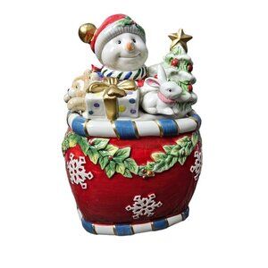 Fitz and Floyd Holiday Snowman Cookie/Candy Lidded Ceramic Jar